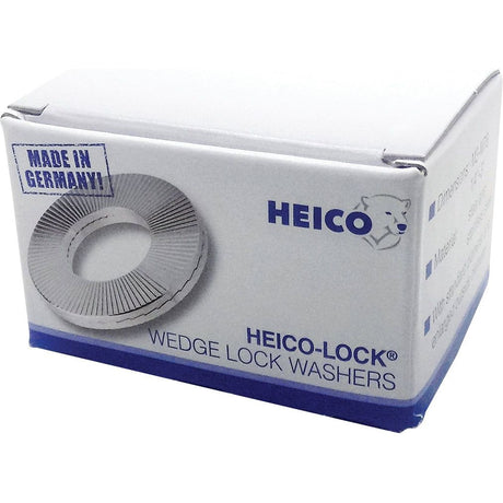 A box labeled "Locking washer - Standard HEICO-LOCK® M6 x 10.8mm - S.150470" from the brand Sparex, featuring a picture of washers designed for securing bolts under dynamic loads. The box includes a "Made in Germany" label and the HEICO logo with a bear illustration.