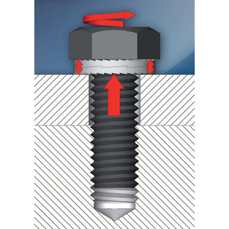 Diagram of a bolt being tightened, showing rotational force applied at the head with a red arrow, causing upward movement of the bolt through threaded material. Incorporates Sparex Locking Washer - Standard HEICO-LOCK® M6 x 10.8mm - S.150470 to secure against dynamic loads, ensuring the stability and reliability of securing bolts.