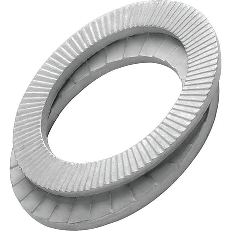 Close-up image of the Sparex Locking washer - Standard HEICO-LOCK&reg; 1/4 x 11.5mm - S.150471 in silver metal with a serrated design, ideal for securing bolted joints under dynamic loads.