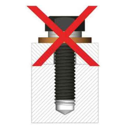 Illustration of a bolt in a bolted joint improperly seated in a threaded hole with a red X over it, indicating incorrect installation, highlighting the importance of proper use of Locking washer - Standard HEICO-LOCK&reg; 1/4 x 11.5mm - S.150471 by Sparex for dynamic loads.