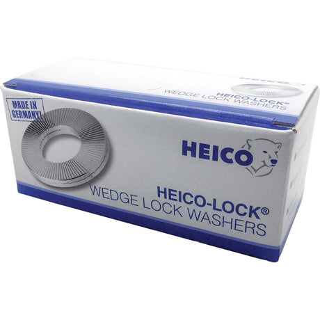 A white and blue Heico box labeled "Locking washer - Standard HEICO-LOCK&reg; M10 x 16.6mm - S.150473" with an image of washers, touting bolted joint security and dynamic load protection, along with a "Made in Germany" stamp from the brand Sparex.