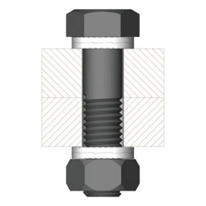 Image of a mechanical bolt securing system featuring two hexagonal nuts and Sparex's Locking washer - Standard HEICO-LOCK® M20 x 30.7mm - S.150480, ensuring the threaded bolt passes through a cross-sectioned material.