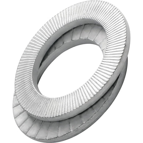 A pair of Sparex Locking washers - Extra large HEICO-LOCK® M8 x 16.6mm (S.150494) with interlocking serrated surfaces, designed to secure bolted joints against dynamic loads, displayed on a white background.