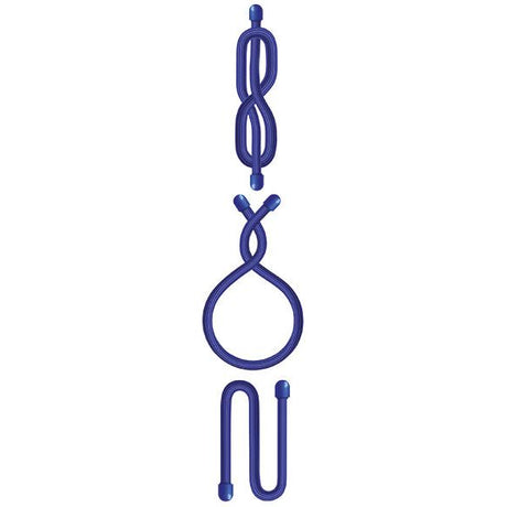 Three different blue knots from the Twisties Rubber Flexible Tie - 4 pcs. Piece Set (4 x 450mm), Sparex Part No. S.150501, are displayed vertically, each showcasing unique shapes and formations.