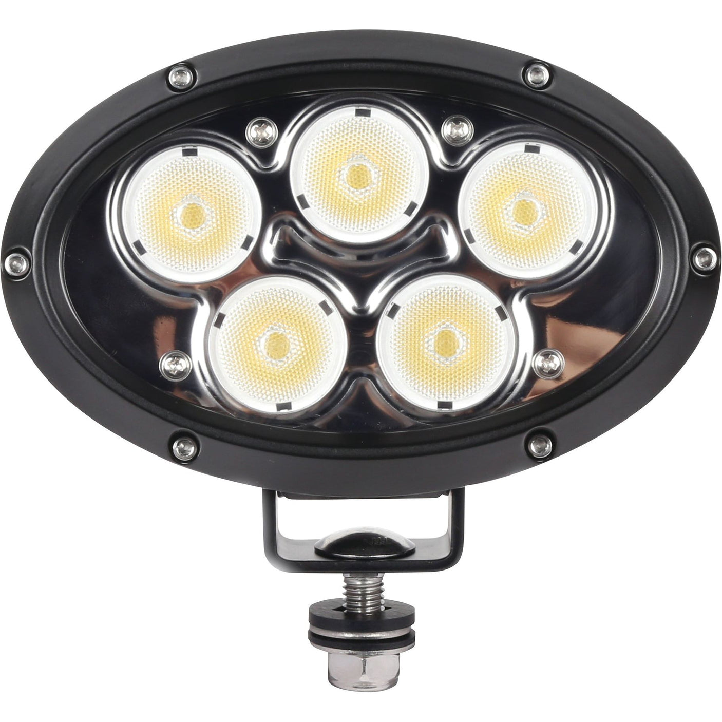 The Sparex LED Work Light (Cree High Power), featuring five round lights in an oval shape and encased in a durable black frame, is mounted on a bracket with a bolt. This powerful light bar delivers 10000 lumens raw and boasts an IP68 rating for exceptional durability and performance, suitable for any demanding environment.