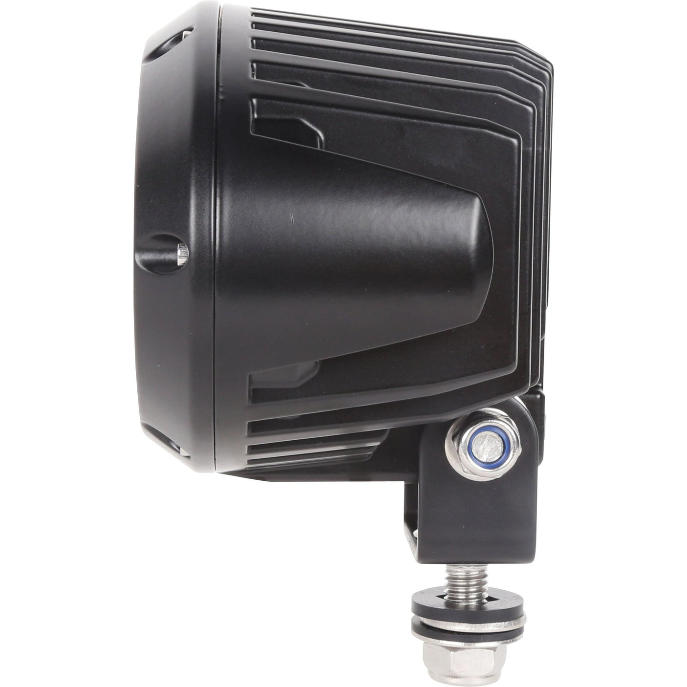 Side view of a black, cylindrical LED work light with a finned heat sink, mounted on a bracket with a bolt and nut. This Sparex LED Work Light (Cree High Power), model S.150527, is IP68-rated and delivers an impressive 10000 lumens raw output.