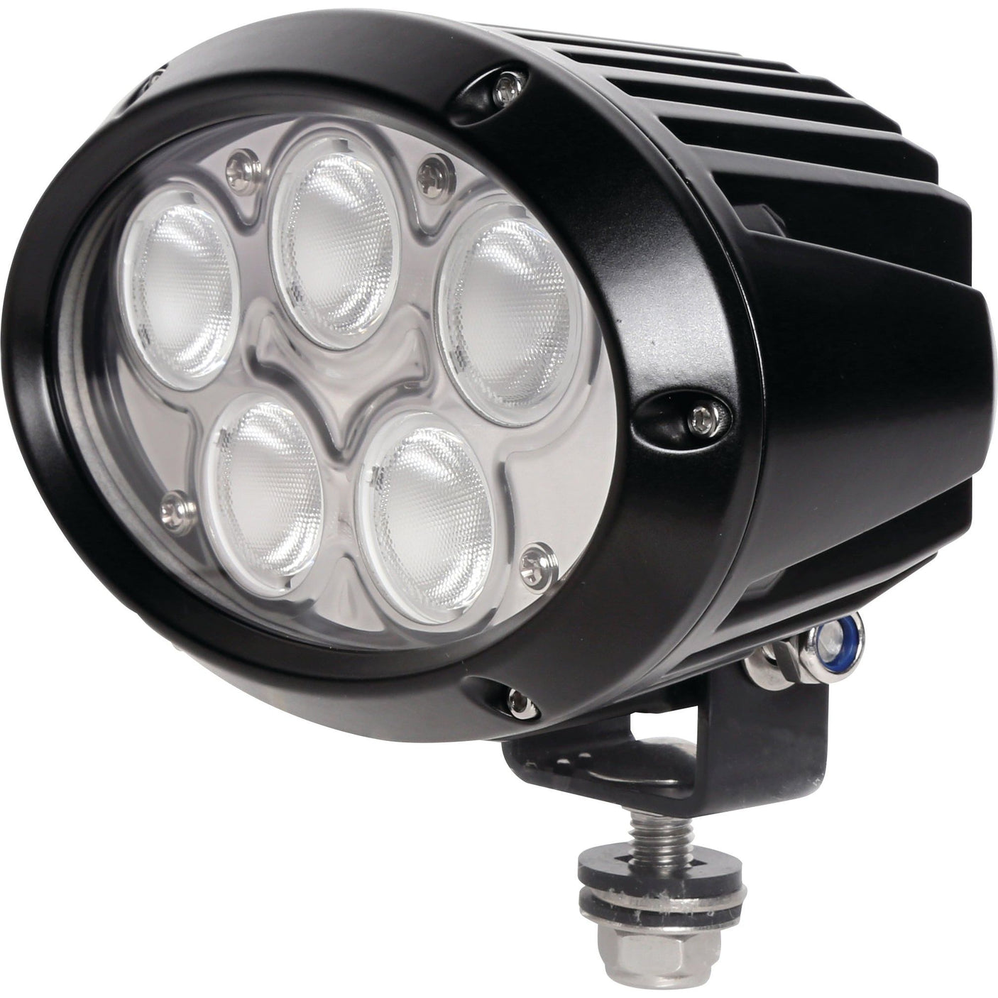 Black oval LED work light from Sparex, featuring Cree High Power technology with six bulbs, delivers a raw brightness of 10000 lumens and is mounted on an adjustable bracket.