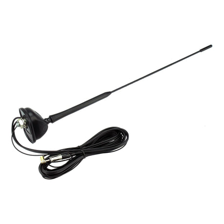 The Sparex Universal Active Amplifier AM/FM/DAB/DAB+ Roof Mounted Antenna (Sparex Part No. S.150531) features a black design with a long flexible rod attached to a base, connected to a coiled cable ending with a plug. It functions as an AM/FM/DAB antenna and includes an integrated universal active amplifier for enhanced signal reception.