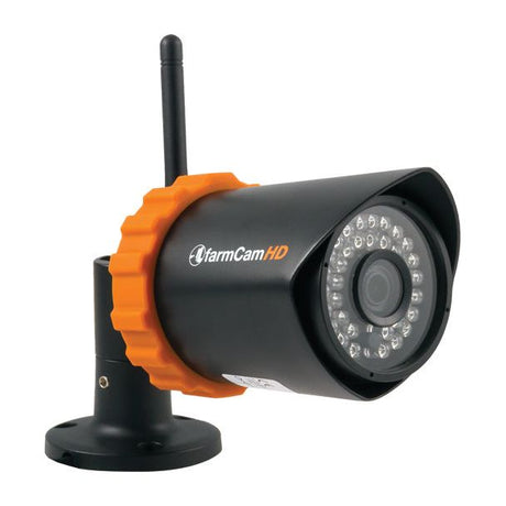 The Surveillance FarmCam HD System (UK) by Sparex NLA features an orange adjustable ring and a wireless antenna. The label "FarmCam HD" is clearly marked on the side, ensuring top-notch security on your property.