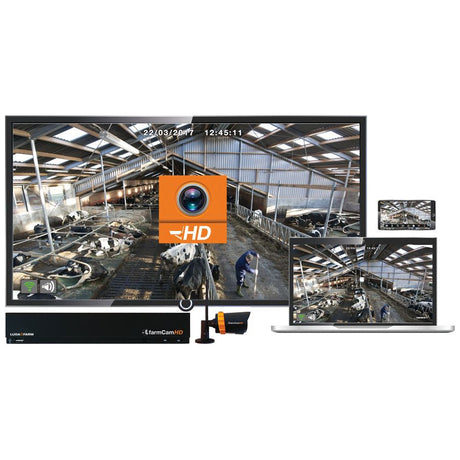 The Surveillance FarmCam HD System (UK) | Sparex Part No.S.150548 by Sparex NLA displays live feed from a livestock farm on a large monitor, computer, and mobile device. The wireless camera captures clear images of cows and a worker in real-time.