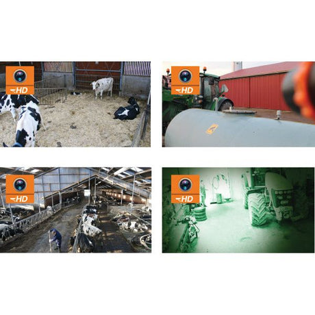 Collage of four images: cows in a barn, a tractor with a tank outside a red building, cows in a milking parlor, and a green-tinted view of farm equipment. Each image demonstrates the surveillance capabilities of the Sparex NLA Surveillance FarmCam HD System (UK) | Sparex Part No.S.150548, indicated by an orange "HD" camera icon.