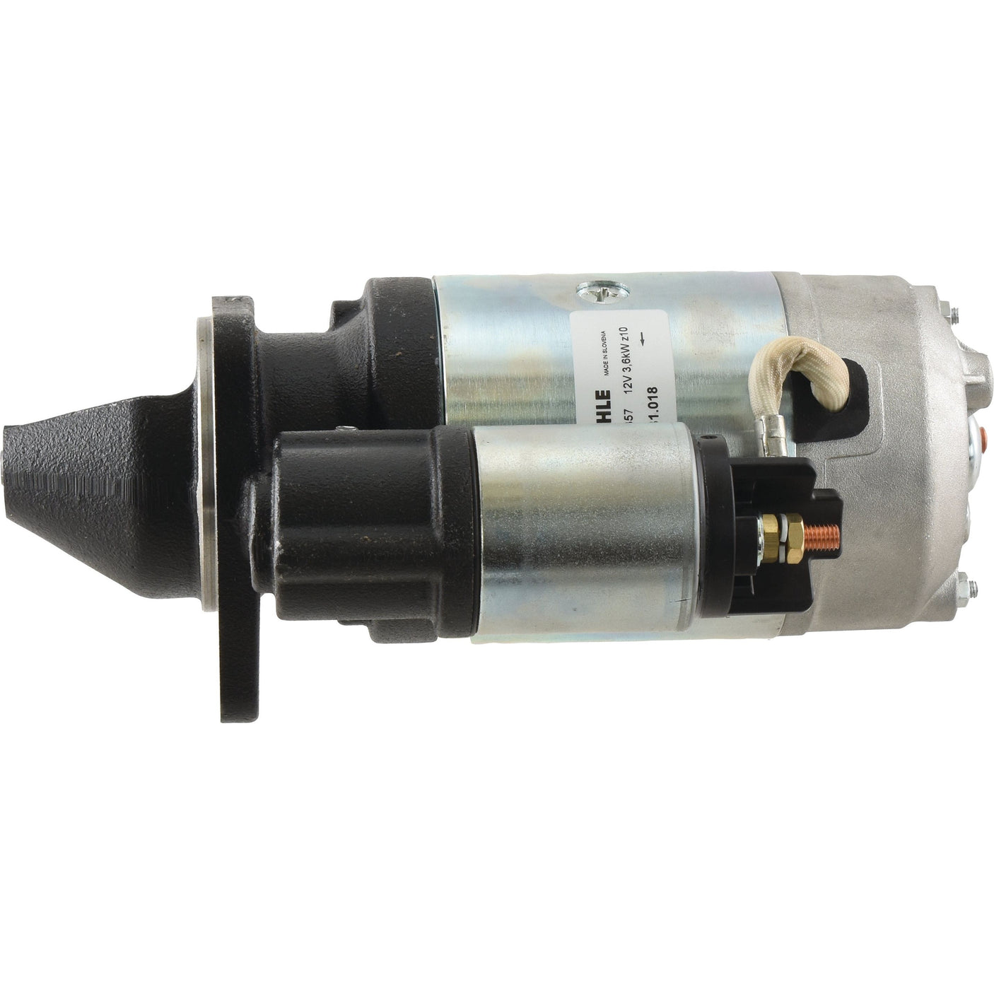 Image of the Sparex Starter Motor - 12V, 3.6Kw (Mahle) | Sparex Part No.S.150692 with a metal casing and visible electrical components. The starter motor is positioned horizontally against a white background.