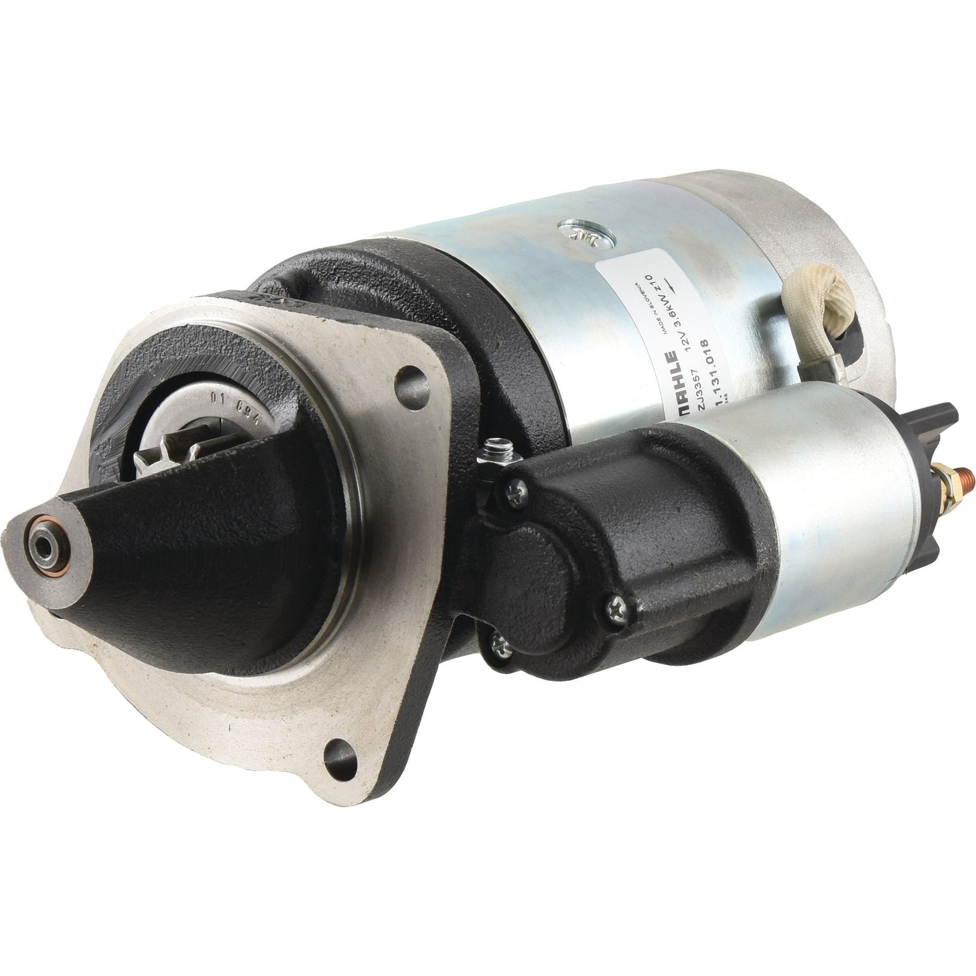 The Sparex Starter Motor - 12V, 3.6Kw (Mahle) | Part No.S.150692 includes silver and black components, has a cylindrical shape, and features attachments for electrical connections.