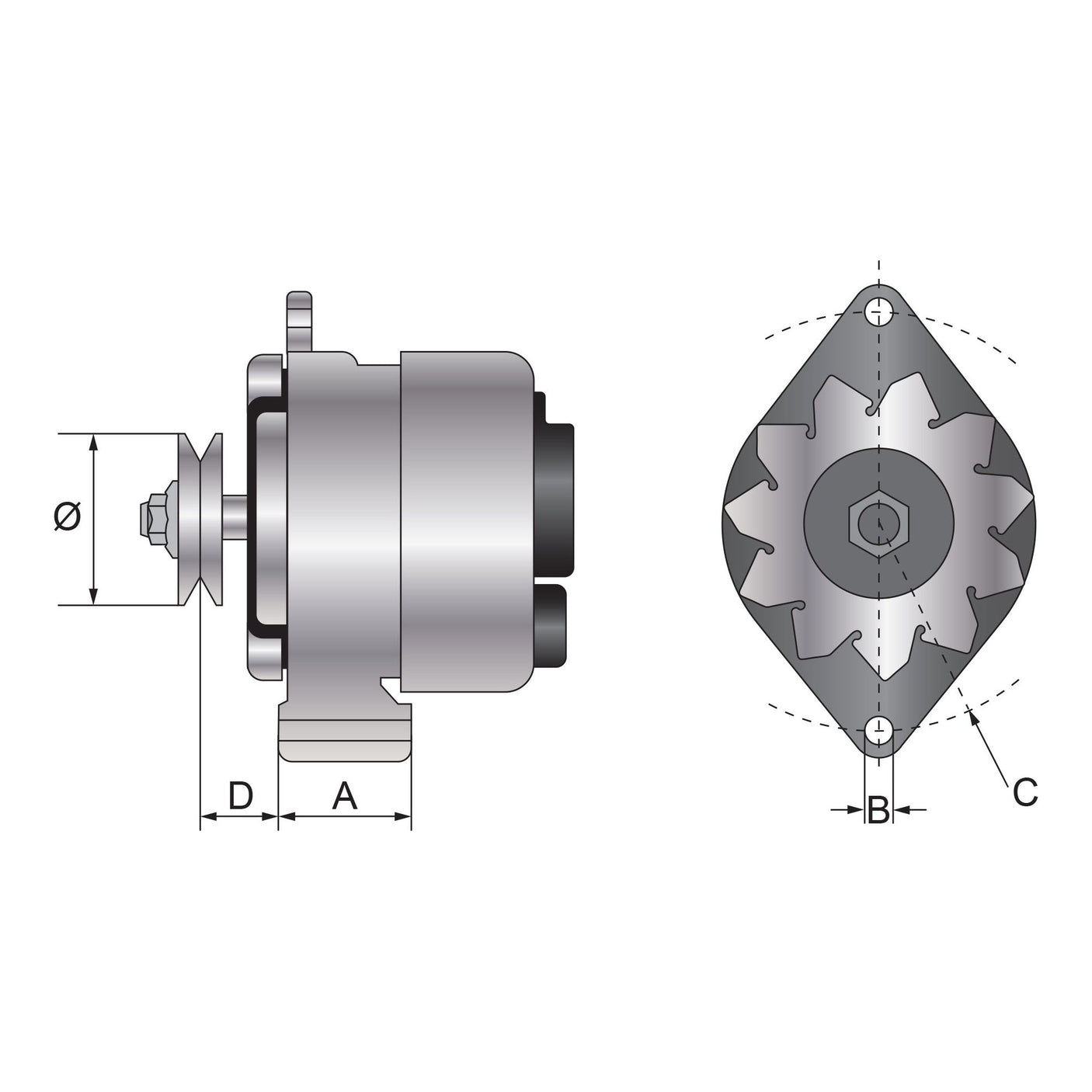 Technical drawing of an Alternator (Sparex) - 14V, 65 Amps (Sparex Part No. S.150723), showing side and top views with labeled dimensions A, B, C, D, and Ø for precise measurements. Suitable for manufacture information and ensuring accuracy in production.