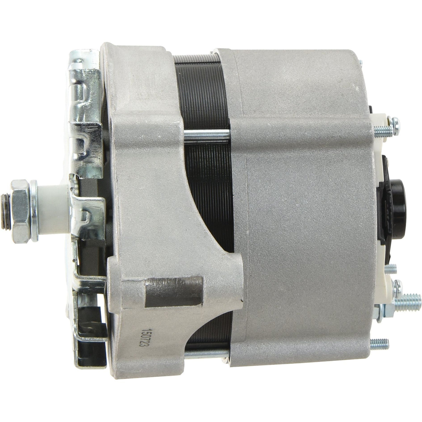 The Sparex Alternator (Sparex Part No.S.150723) is a silver automotive alternator with a black section in the middle, showcasing bolts and wires on the sides. It features a specific pulley type to ensure compatibility for various vehicles and operates at 14V with 65 Amps.