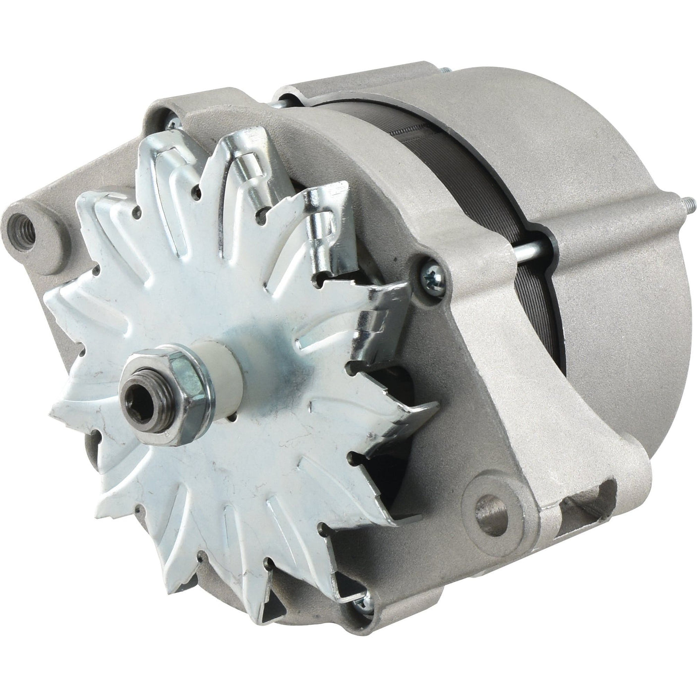 Close-up image of the Sparex Alternator (14V, 65 Amps) with a metallic silver finish, featuring cooling fins and mounting points. Suitable for various pulley types, this high-quality alternator showcases precise Sparex Part No.S.150723 manufacturing details.