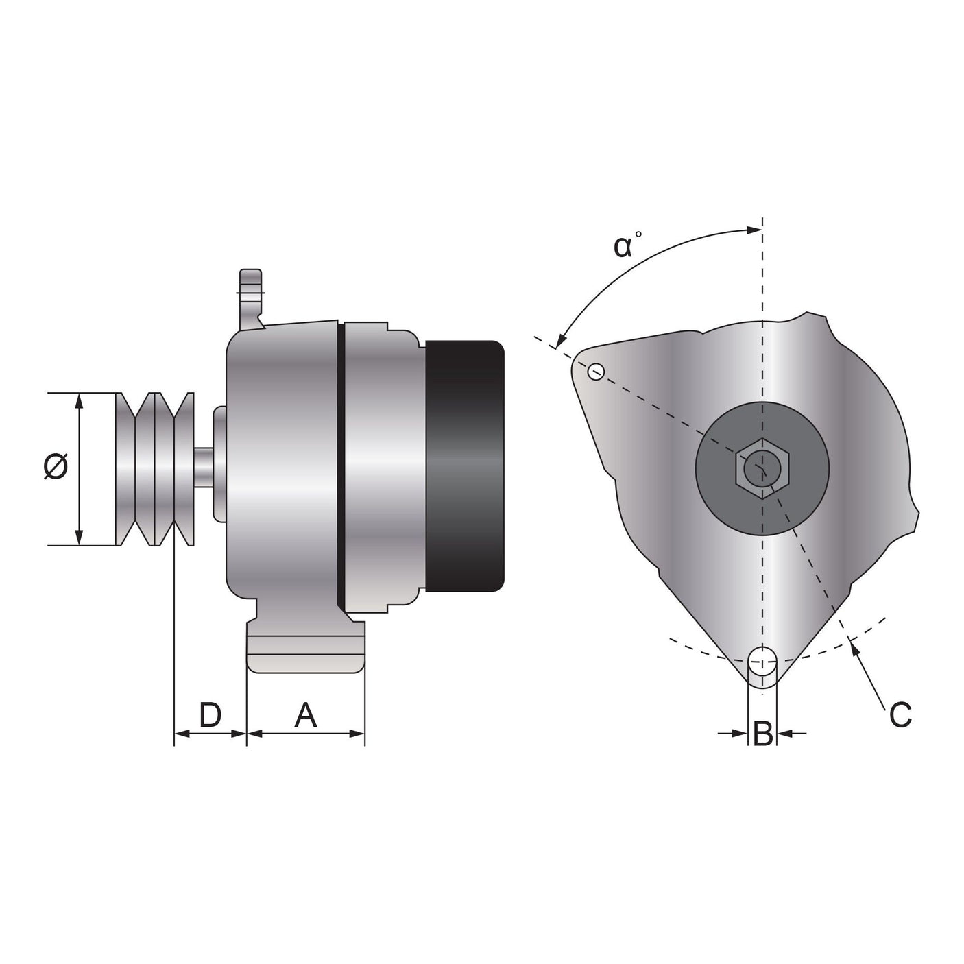 Technical drawing of the Sparex Alternator (Sparex Part No. S.150736) - 12V, 120 Amps, with side and front views, including dimensions labeled A, B, C, D, and angle α°. The side view shows axial measurements; the front view shows radial measurements. The component's electrical specification is rated at 120 Amps.