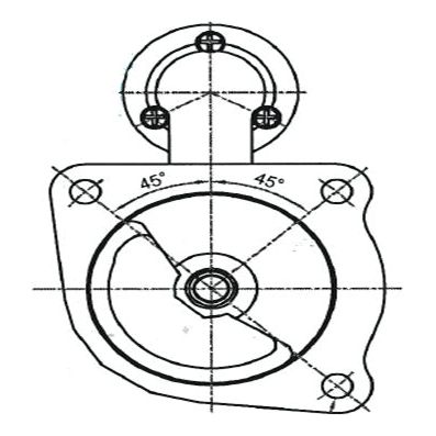 Technical drawing of a Sparex mechanical component with circular and rectangular sections, featuring several intersecting lines and marked 45-degree angles, illustrating the details of a Starter Motor - 12V, 3.1Kw (Sparex) | Sparex Part No.S.150749.