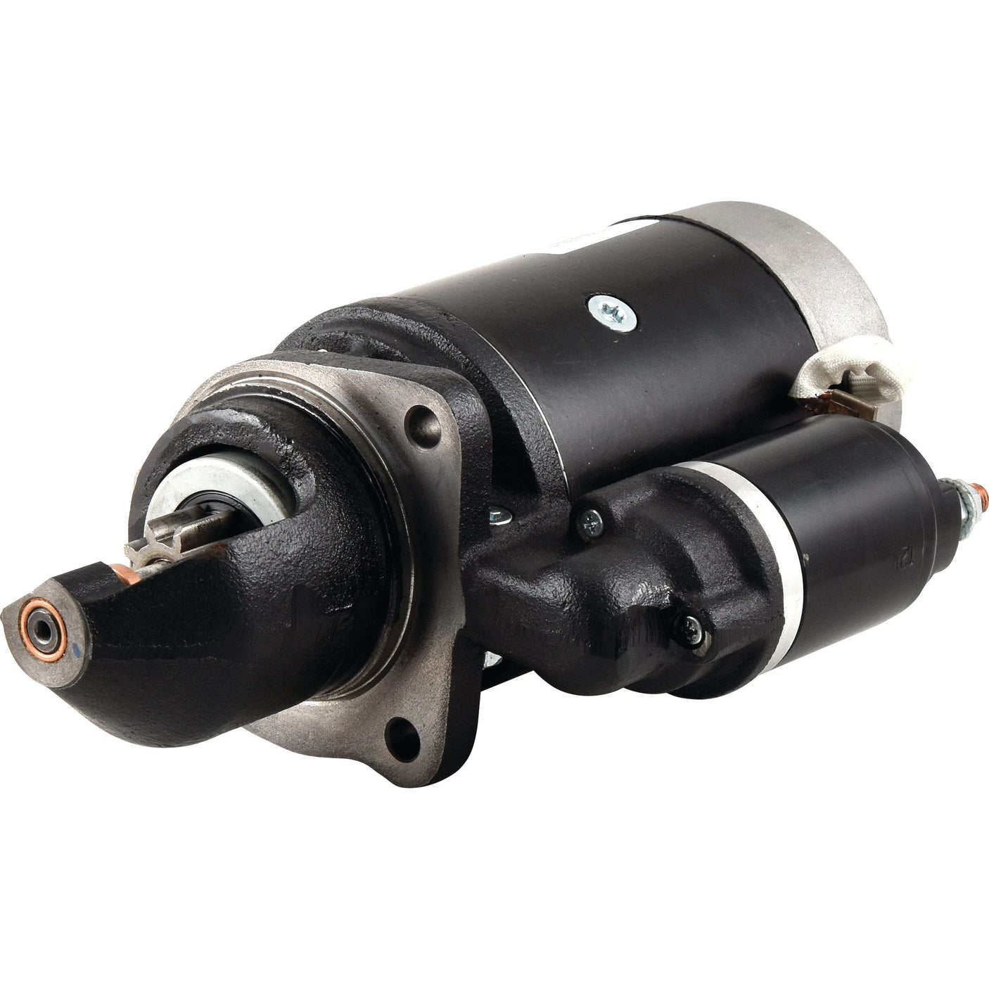 A 12V, 3.1Kw Starter Motor from Sparex (Part No. S.150749), featuring a sleek black cylindrical design and robust metallic components akin to the engineering excellence of Case IH machinery.