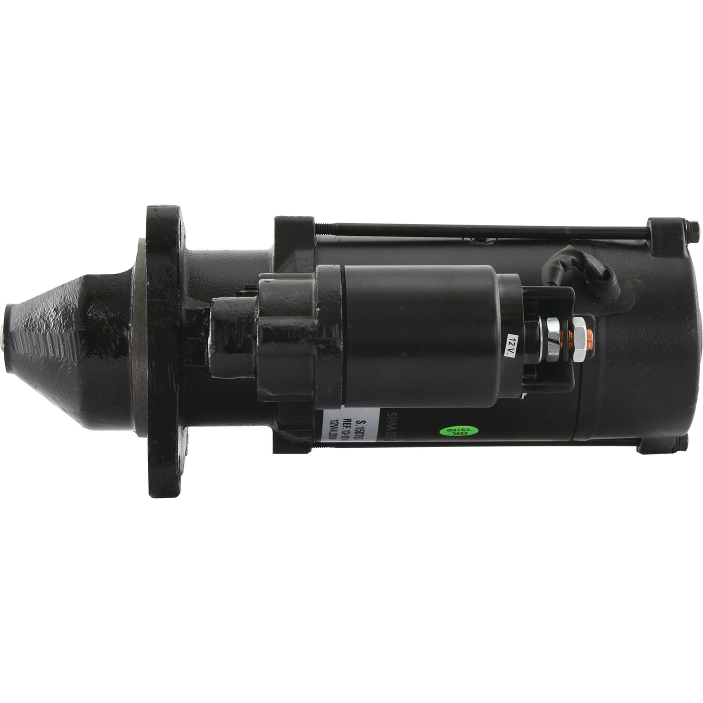 A Sparex Starter Motor (Sparex Part No. S.150753) with a 12V, 4.2Kw rating, black in color and cylindrical in shape, featuring various components and a mounting flange, positioned horizontally against a plain white background.