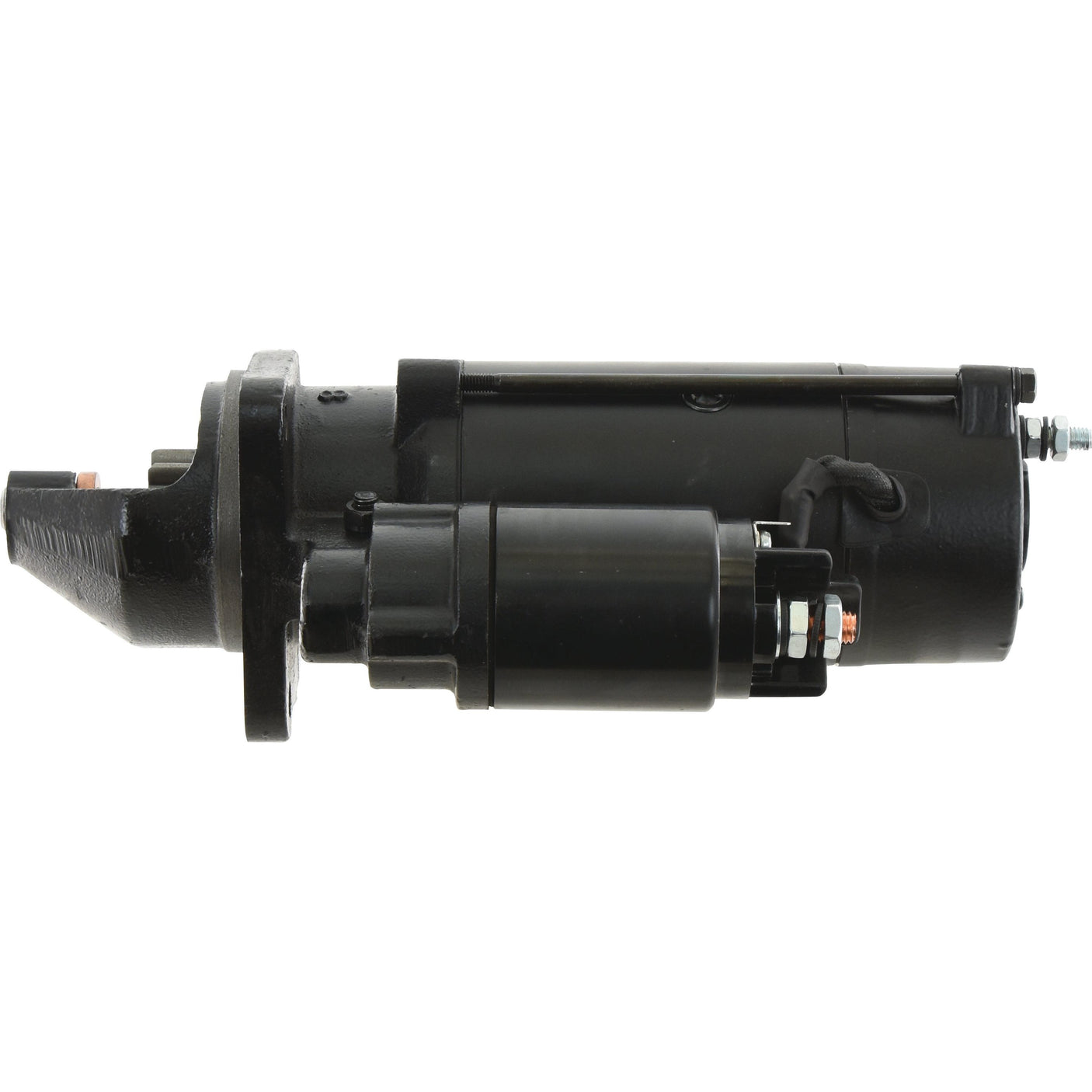 Image of a black mechanical component, identified as the Starter Motor - 12V, 4.2Kw (Sparex) with Sparex Part No.S.150754, featuring metallic connectors at one end and grooves on the other side.