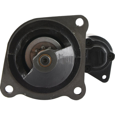 The Starter Motor - 12V, 4.2Kw (Sparex) features a circular design with a cutaway section that reveals its internal gears and parts, resembling the well-known mechanics of a 12V starter motor. This component also includes two mounting holes on the visible face, providing secure installation.