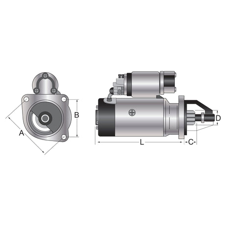 Technical drawing of a mechanical component, such as the Starter Motor - 12V, 4.2Kw (Sparex), displaying front and side views with labeled dimensions: A, B, C, D, and L. (Sparex Part No.S.150765)