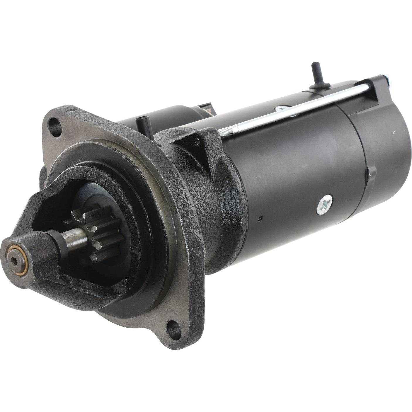 A close-up image of a Sparex Starter Motor - 12V, 4.2Kw (Sparex), featuring a black cylindrical design with a visible gear mechanism at one end, ideal for 12V automotive systems.