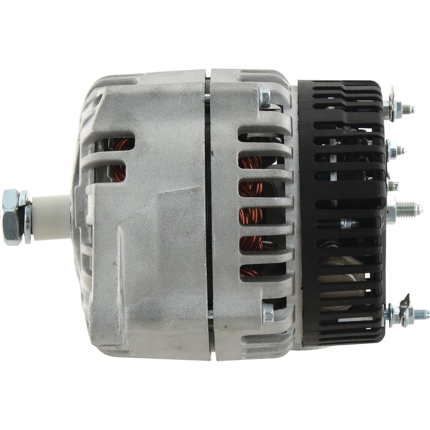 The Sparex Alternator (Sparex Part No.S.150785), a durable 12V, 120 Amps component, boasts a robust design reminiscent of Massey Ferguson equipment. It features a gray metal casing with visible copper coils and multiple bolts and screws on the side.