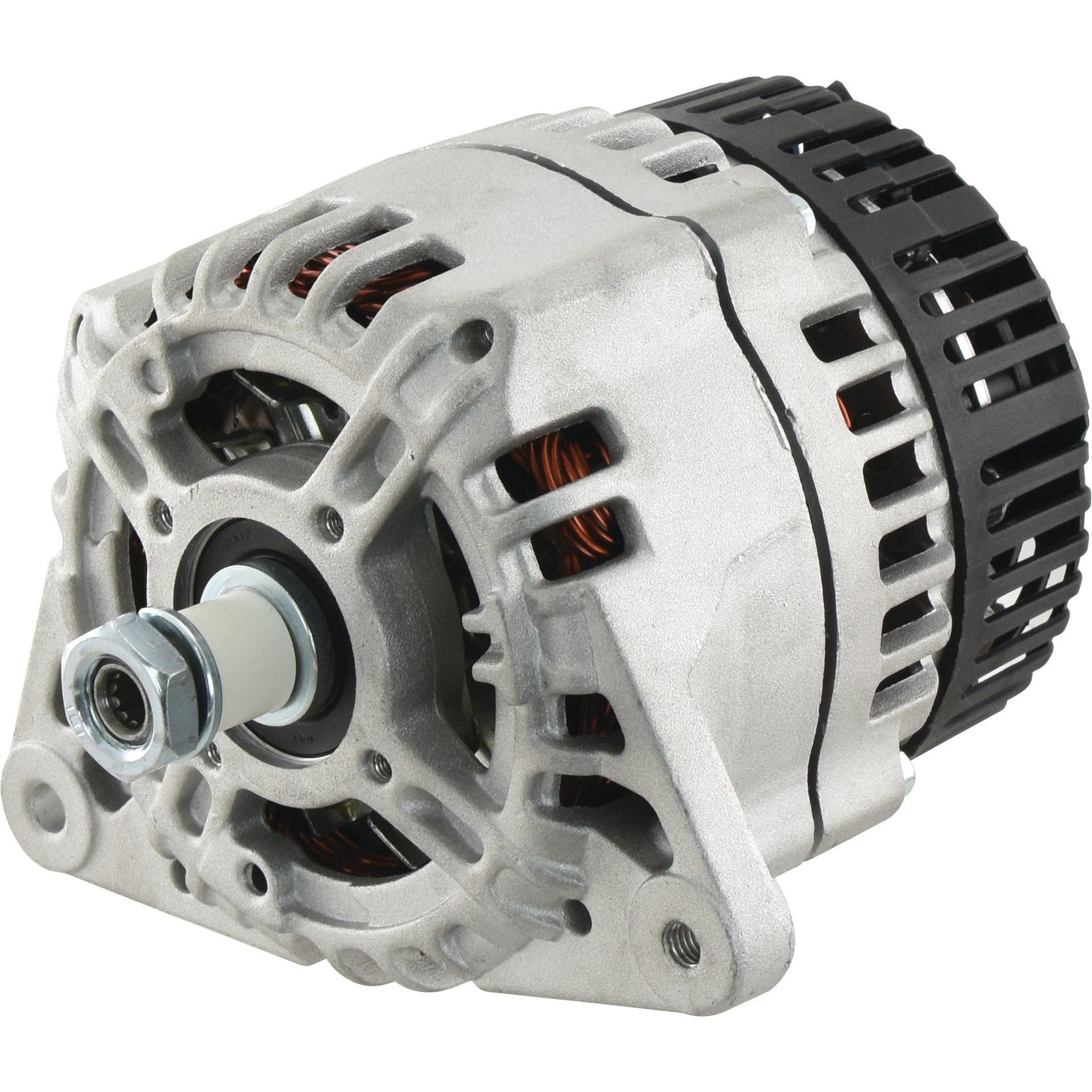 A Sparex 12V, 120 Amps alternator (Sparex Part No. S.150785) with visible copper coils and a front pulley. The back housing has ventilation to cool the internal components and is compatible with Massey Ferguson vehicles.