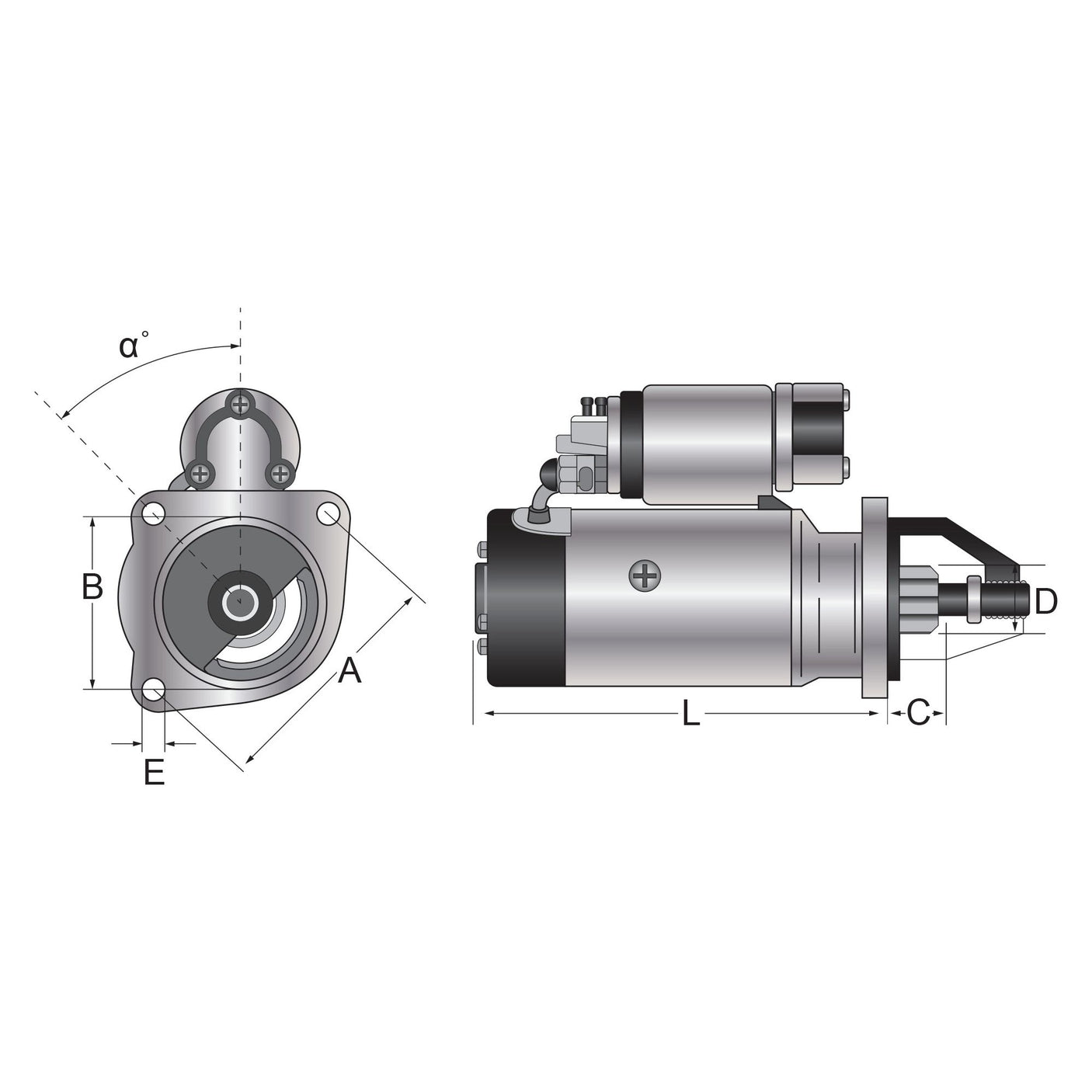 Technical drawing of a 12V, 4.8Kw cylindrical mechanical component from two angles: front and side. The diagram, potentially for the Sparex Starter Motor - 12V, 4.8Kw (Sparex) | Sparex Part No.S.150800, has labeled dimensions including angles and distances denoted by letters A-E and L.