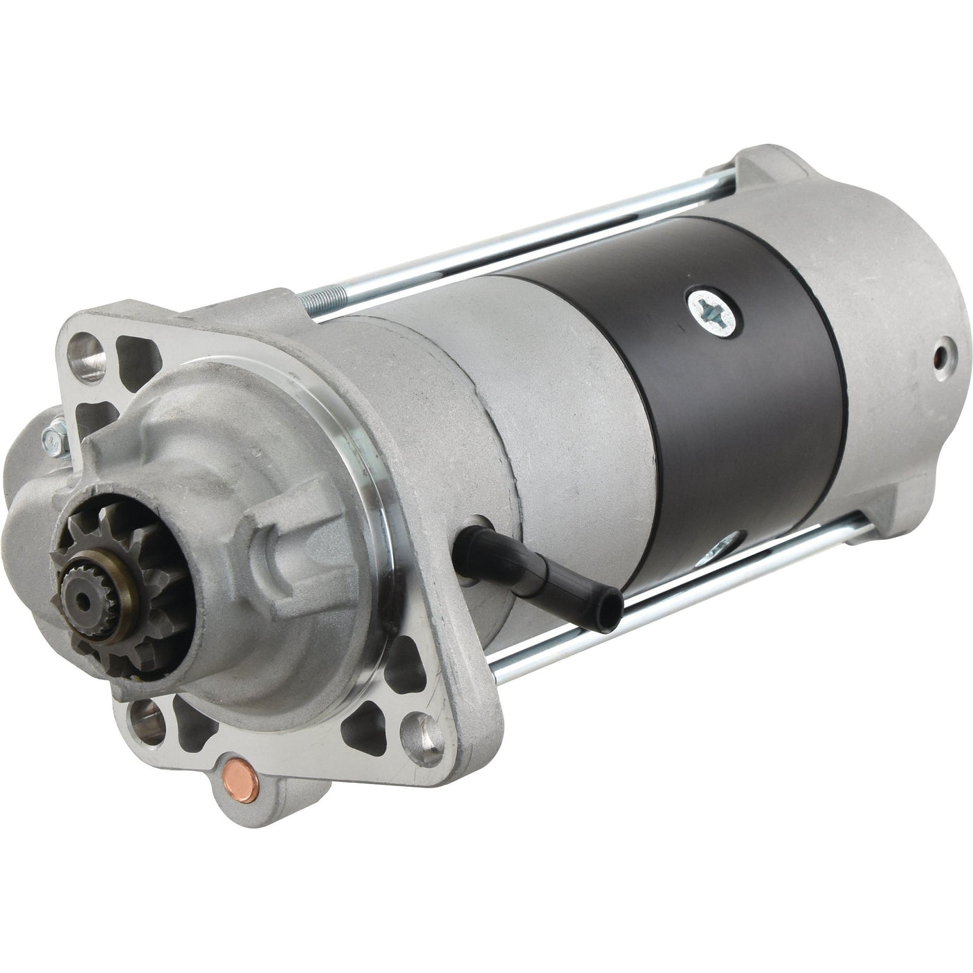 Image of the Sparex Starter Motor - 12V, 4.8Kw (Sparex Part No. S.150800) featuring a cylindrical design with a metallic finish, gears on one end, and two parallel support rods along its body.