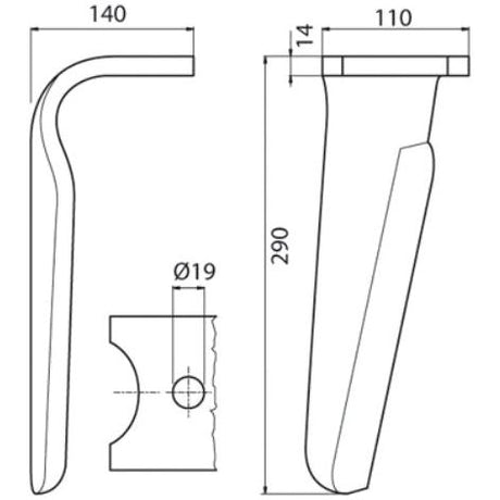 Power Harrow Blade 110x14x290mm RH. Hole centres: mm. Hole⌀ 19mm. Replacement forKuhn.
 - S.150849 - Farming Parts