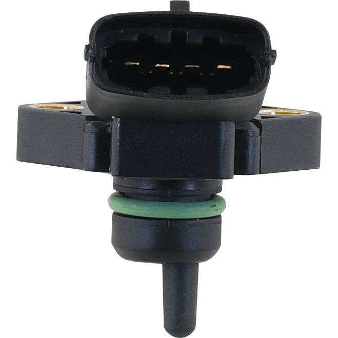 Close-up of a Boost Sensor (Sparex Part No. S.151153) by Sparex, featuring a black body with a connector port and a green O-ring seal. The sensor, suitable for Case IH models, is oriented vertically with the connector port facing forward.