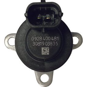 Close-up view of the front of a Sparex Fuel Metering Control Valve (Sparex Part No. S.151156) with a black plastic housing and three metal mounting tabs. The housing has engraved text including "0928 400 481" and "30819 03835," along with a QR code.