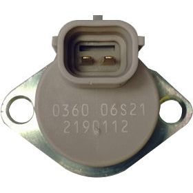 Close-up view of a gray automotive sensor with two pins and part numbers "0360 06S21 2190112" printed on it, featuring a metal base with two mounting holes. This component is compatible with John Deere machinery and serves as an intricate Fuel Metering Control Valve, ensuring precision in engine performance. This specific model is known as the Sparex Fuel Metering Control Valve, part number S.151159.