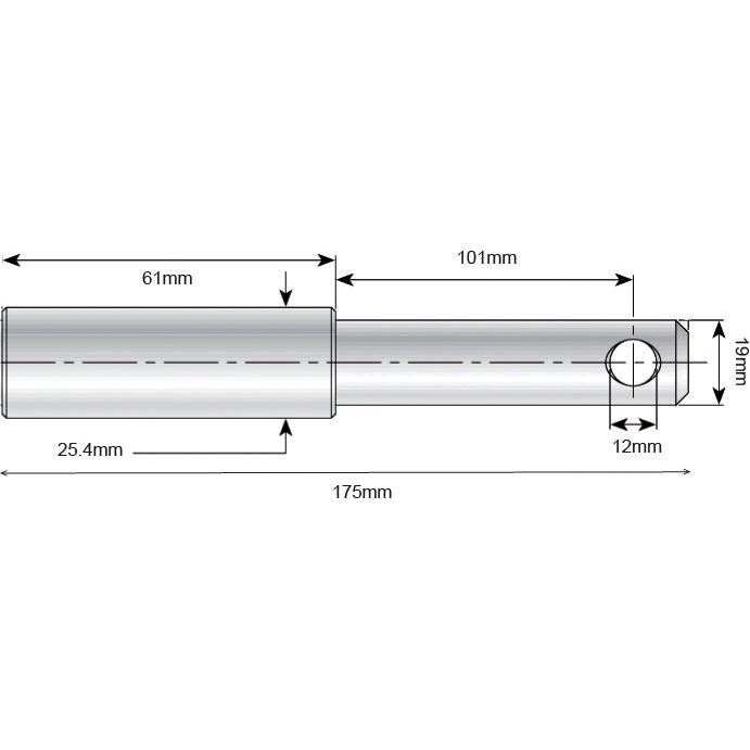               Diagram of a Top Link Pin - Dual Category 19 - 25mm Cat.1/2 (Sparex Part No. S.15127) with labeled dimensions: 175mm overall length, 19mm diameter shaft (Pin Ø), 25.4mm diameter body, 12mm hole diameter, 101mm long working length shaft, and 61mm long body by Sparex.
