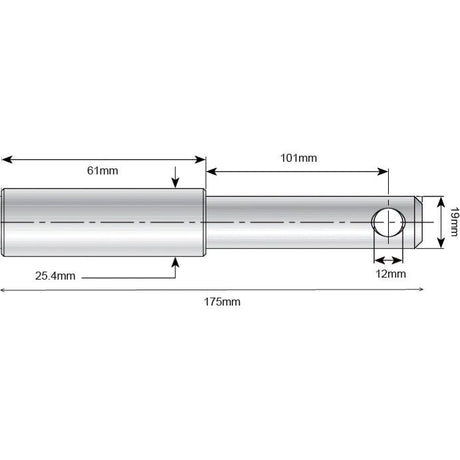               Diagram of a Top Link Pin - Dual Category 19 - 25mm Cat.1/2 (Sparex Part No. S.15127) with labeled dimensions: 175mm overall length, 19mm diameter shaft (Pin Ø), 25.4mm diameter body, 12mm hole diameter, 101mm long working length shaft, and 61mm long body by Sparex.
