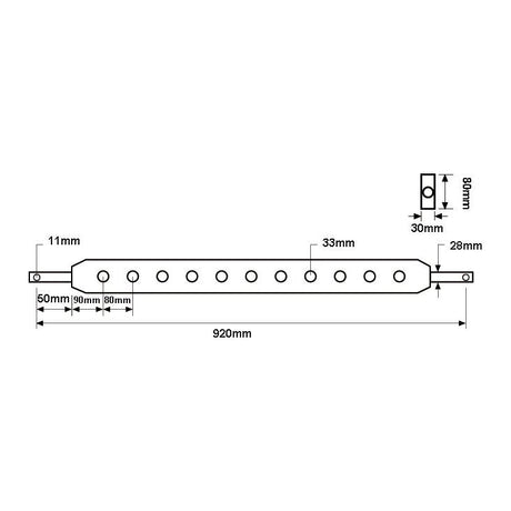 Technical drawing of a Sparex Flat Drawbar (Cat. 2) with dimensions: 920mm length, 80mm height, 28mm width, Hole Ø 11mm side holes, additional holes spaced out at intervals of 50mm, 90mm, and 80mm. Product has a total of9 holes. Sparex Part No.S.15134