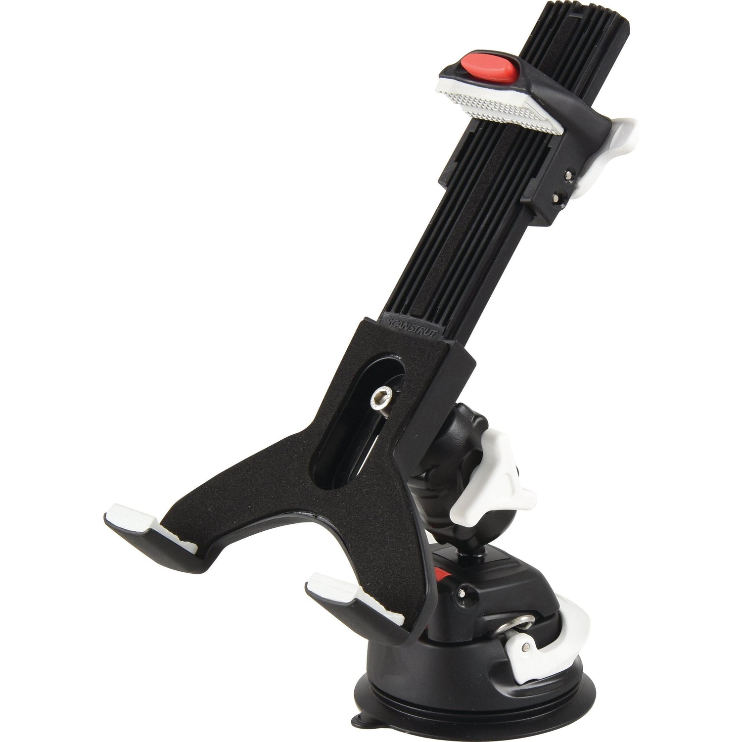 The ROKK Mini Adjustable Tablet Clamp & Suction Mount by Sparex (Sparex Part No.S.151439) is a black, adjustable car mount holder with a suction cup base and white accents, perfect for securing devices. Compatible with ROKK mini, this versatile mount is part of our related products lineup.
