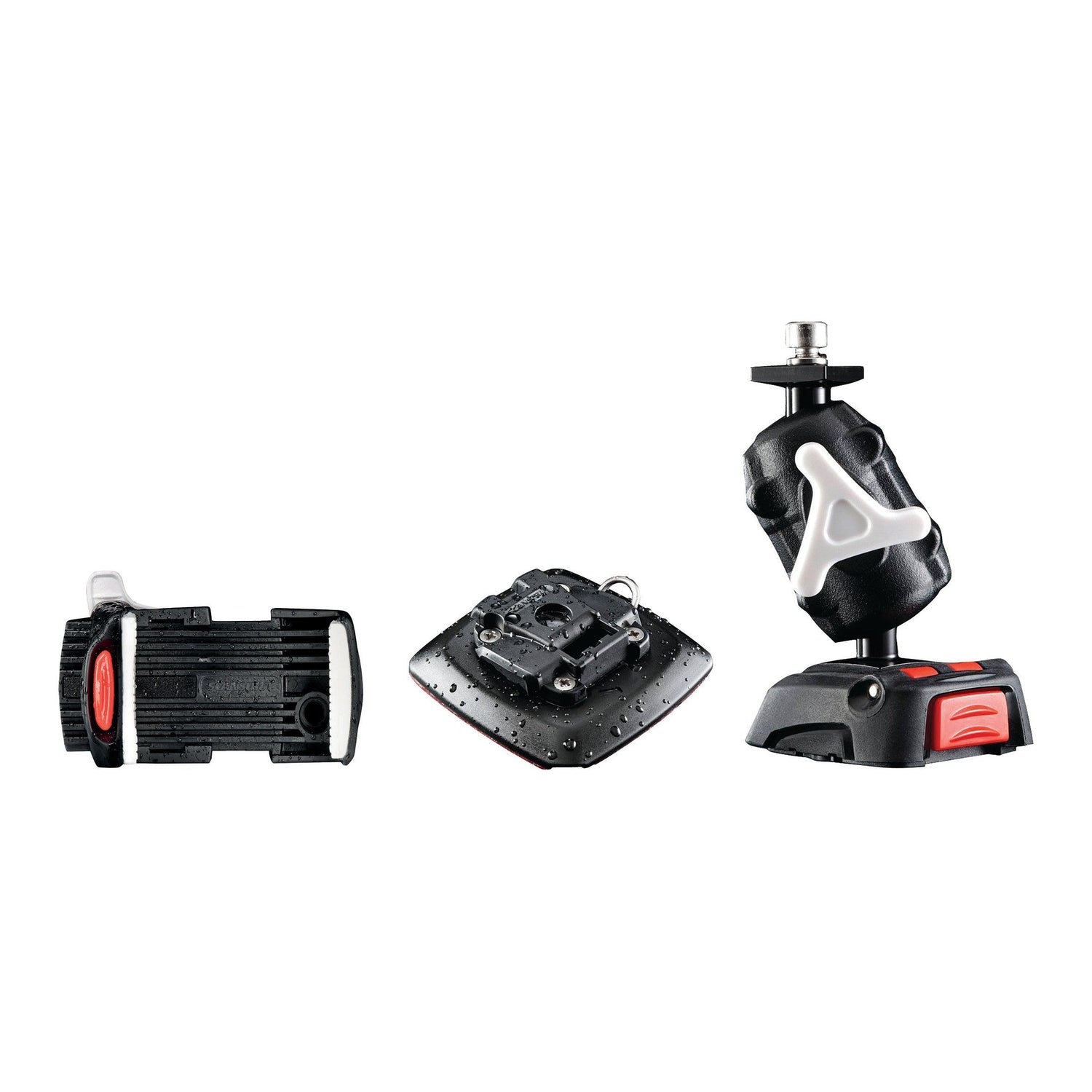 Check out our camera mounting accessories: a black plastic mount with a red button, a rectangular adhesive mount, and a black adjustable mount with a white and red design. For detailed product specifications and additional items such as the Sparex ROKK Mini Adjustable Phone Clamp & Adhesive Mount (Sparex Part No.S.151440), please explore our full catalog.