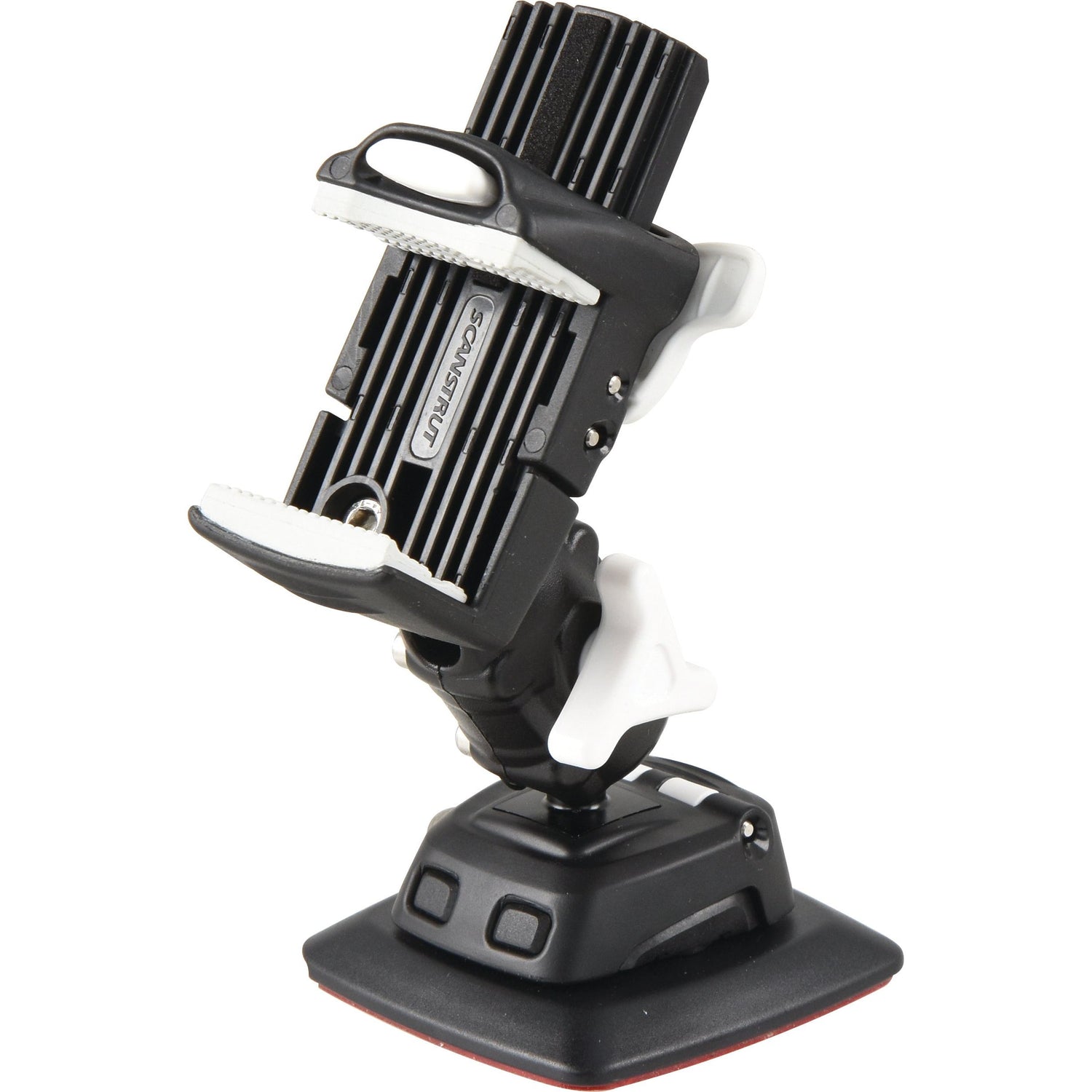 The ROKK Mini Adjustable Phone Clamp & Adhesive Mount (Sparex Part No.S.151440) by Sparex, featuring a black and white design with a suction cup base and an extending arm, rests on a white background.
