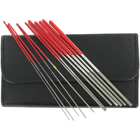 A set of twelve Sparex Super hard Diamond-Coated Round Micro Files - S.151751 with red handles are placed on top of a black pouch, perfect for cleaning small round terminal connections.