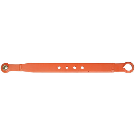 A long, narrow orange metal bar with five holes aligned in the center, two circular ends each having a metallic loop, lies horizontally against a white background, resembling the Sparex Lower Link Lift Arm (Part No. S.15177) for Ford New Holland link arm assemblies.