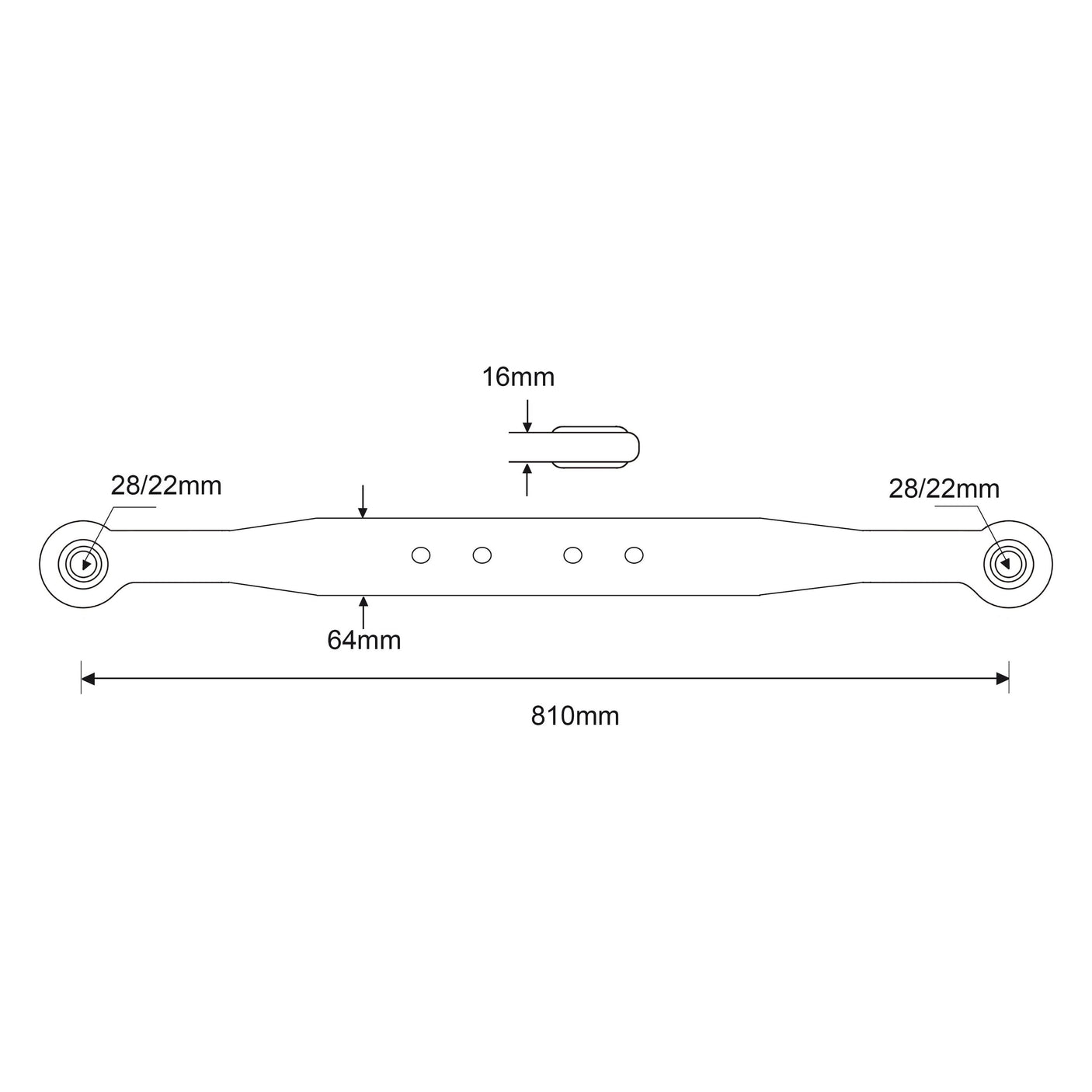 Technical drawing of a Lower Link Lift Arm Assembly (Ball Ø 22mm - Open Socket - RH & LH, Sparex Part No. S.15177) with dimensions. The length is 810mm, width is 64mm, smaller width between 28/22mm, largest inner measurement is 16mm. Brand: Sparex.