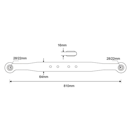 Technical drawing of a Lower Link Lift Arm Assembly (Ball Ø 22mm - Open Socket - RH & LH, Sparex Part No. S.15177) with dimensions. The length is 810mm, width is 64mm, smaller width between 28/22mm, largest inner measurement is 16mm. Brand: Sparex.