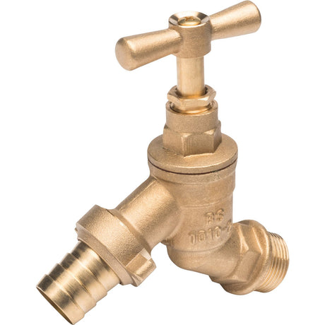 The Sparex Outdoor Tap - 3/4'' (Sparex Part No. S.151821) features a brass construction with a cross handle and a barbed hose connector, crafted from durable DZR material and designed for industrial use.