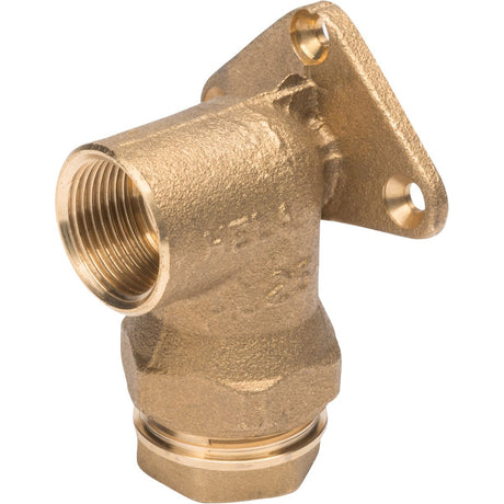 The Sparex Wall Plate Elbow x (Part No. S.151824) is a bronze right-angle threaded pipe fitting featuring a mounting flange with two bolt holes, designed specifically for use as a Wall Plate Elbow.