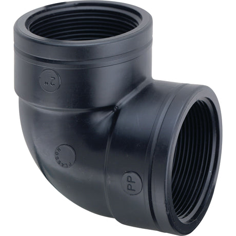 The Threaded Pipe Coupling - | Sparex Part No.S.151829, a black, 90-degree polyethylene (PE) pipe fitting elbow with threaded ends, is ideal for connecting two pipes at a right angle in plumbing or piping systems. This high-quality component from the Sparex brand is compatible with various Plasson fittings and complies with the necessary tariff code for import regulations.