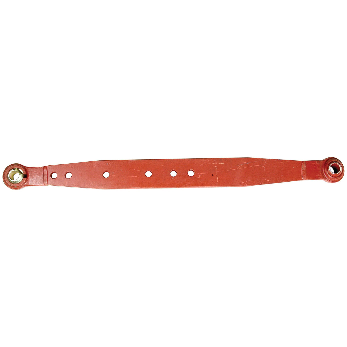 The Sparex Lower Link Lift Arm - Ball Ø 28mm - RH & LH (Part No. S.15182) is a red metal strap with multiple holes and rounded ends featuring circular attachments, designed to fit Massey Ferguson models.